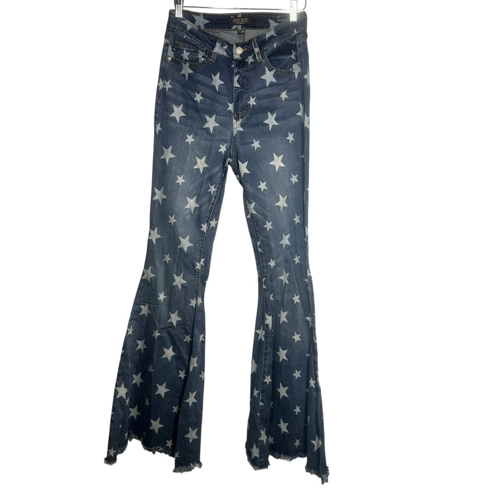 Judy Blue Super Flare Jeans Womens 7/28 High Rise Stars Print Blue Denim Stretch